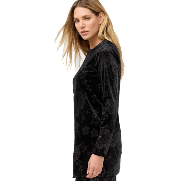 Johnny Was Embossed Stretch Velvet Black Tunic Flowers Long Shirt Floral Top NEW - Picture 2 of 9